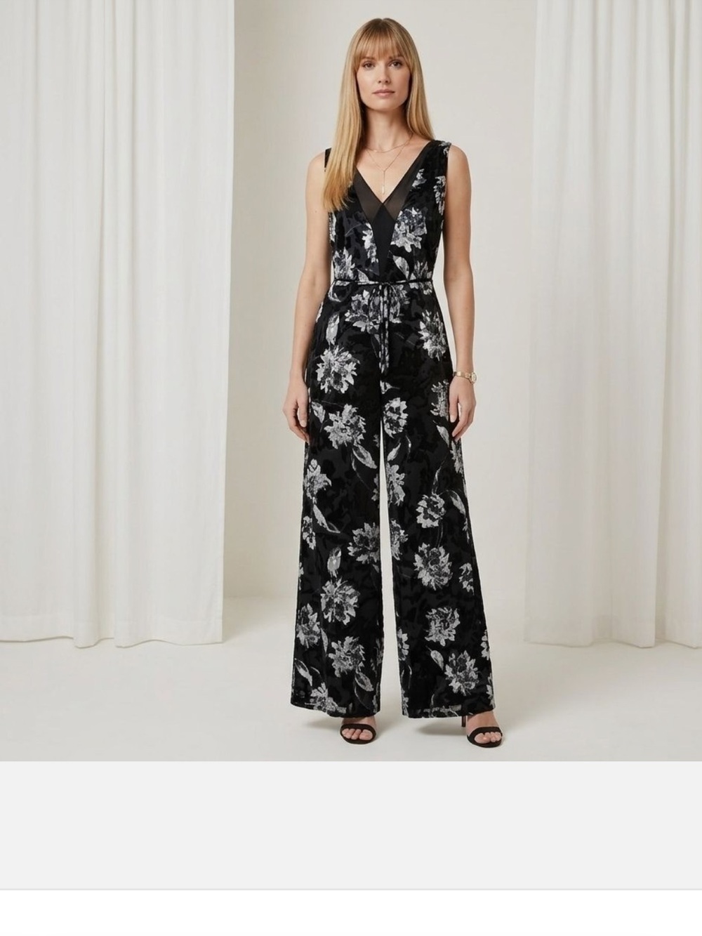 White House Black Market Black Floral V-Neck Wide-Leg Jumpsuit